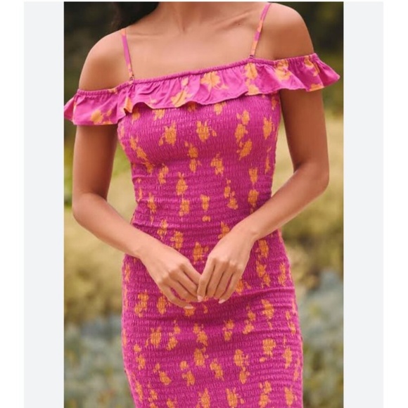 NWT By Anthropologie Smocked Off-The-Shoulder Midi Dress Extra Large Magenta - Picture 5 of 10